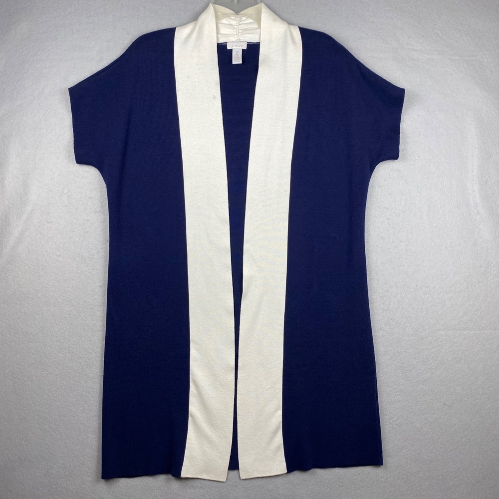 Chicos Navy Blue Cream Colorblock Longline Open Front Vest Size 2 Large
